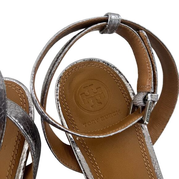 Tory Burch Elana Leather Sandals Kitten Heel Ankle strap Silver Sz 9 preppy chic - Picture 4 of 12